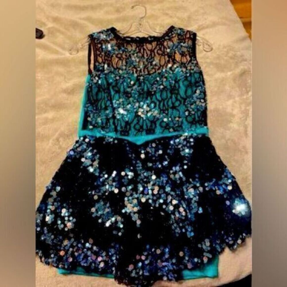 Adult Small 3pc Dance Costume Turquoise & Black With Sequins Fringe Leotard Tap
